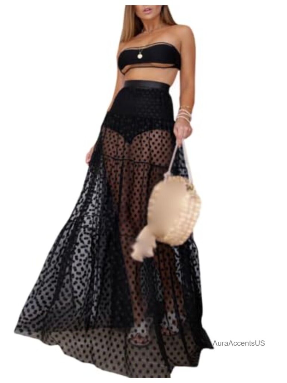 See Through Maxi Skirt Sheer Mesh Polka Dot High Waist Beach Cover Up